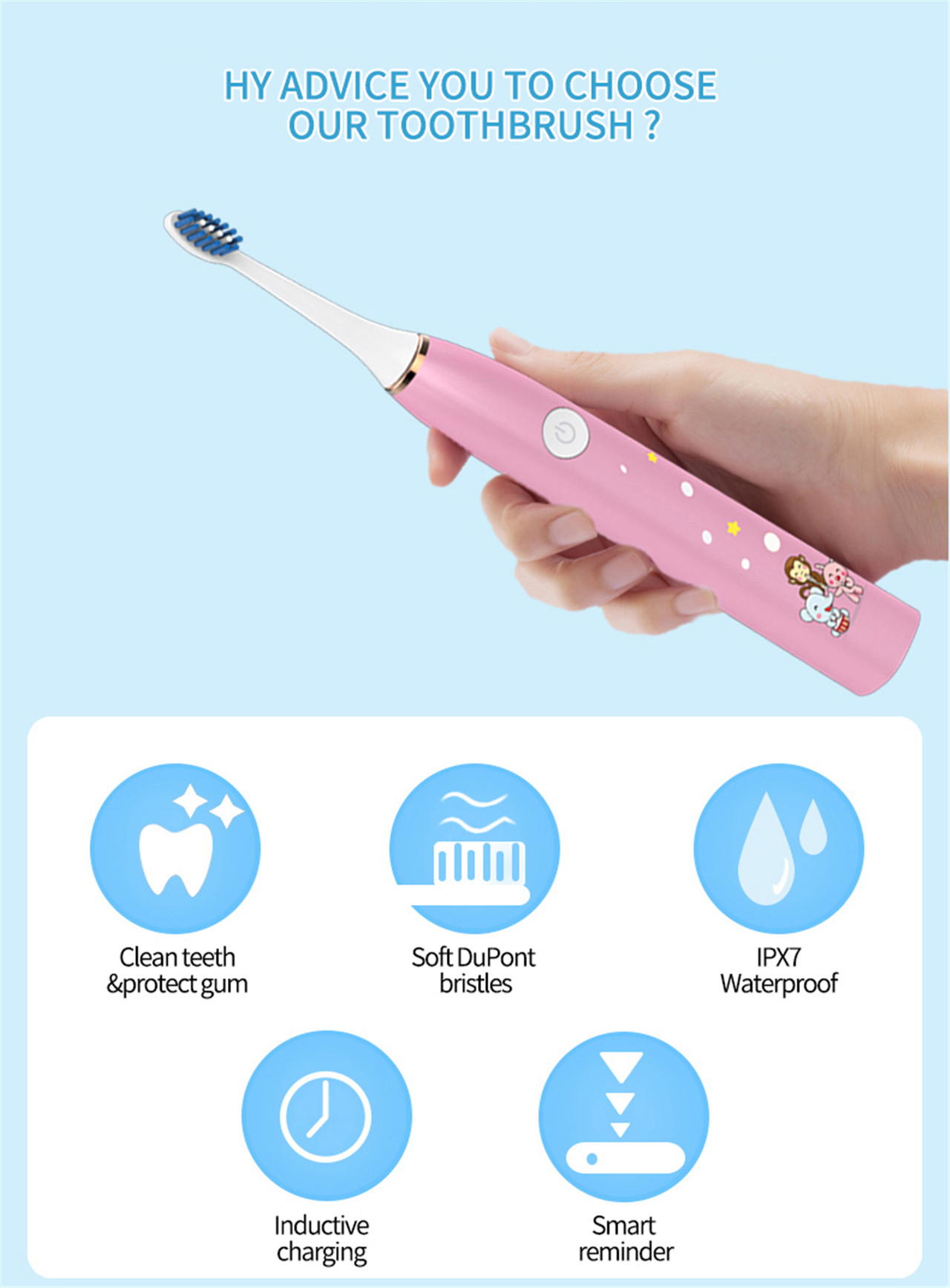 Elektrisk tannbørste for barn Oppladbar Sonic Vibration Barnetannbørste (4)