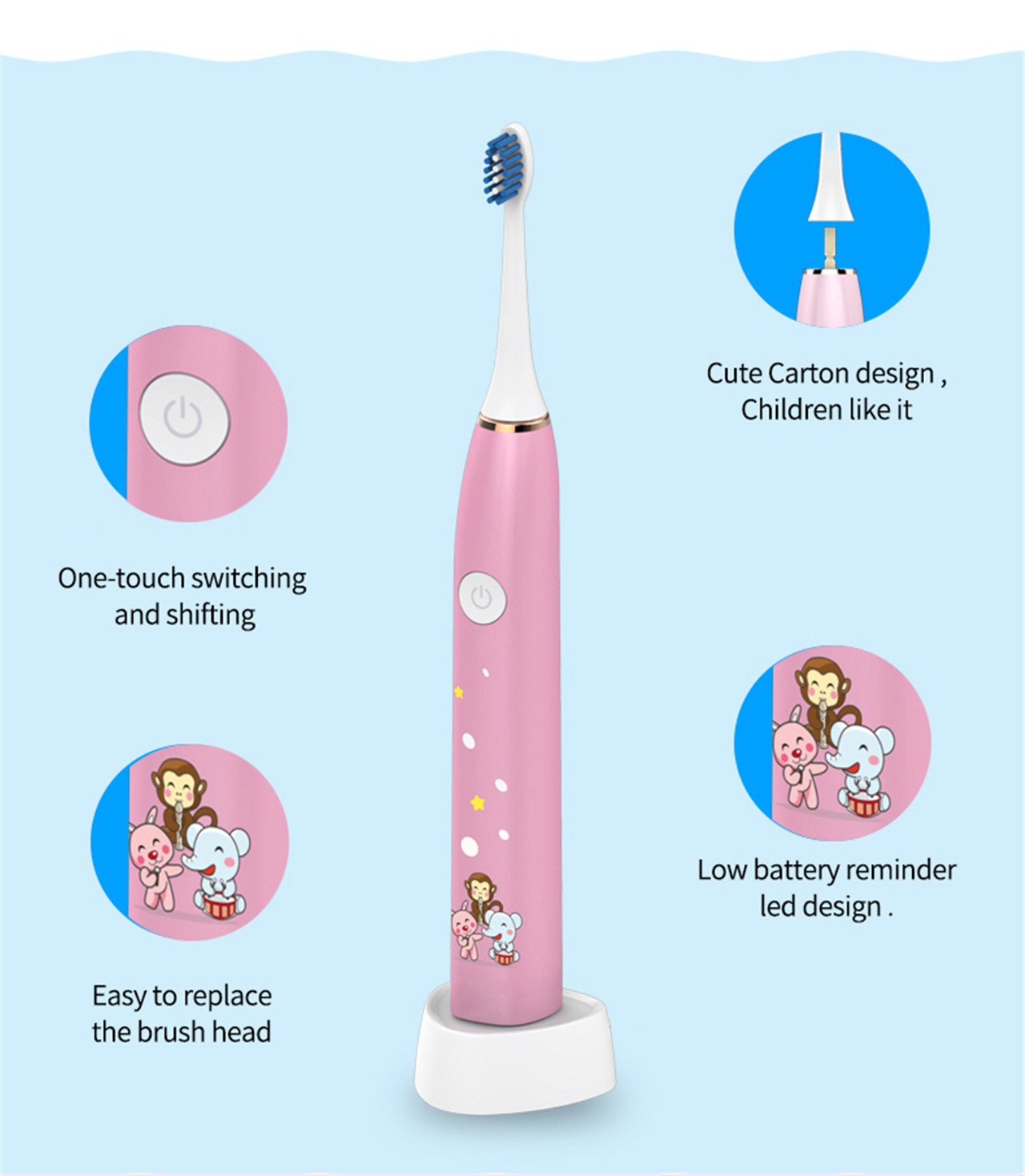 Cepillo de dientes eléctrico para niños Cepillo de dientes recargable para niños con vibración sónica (8)