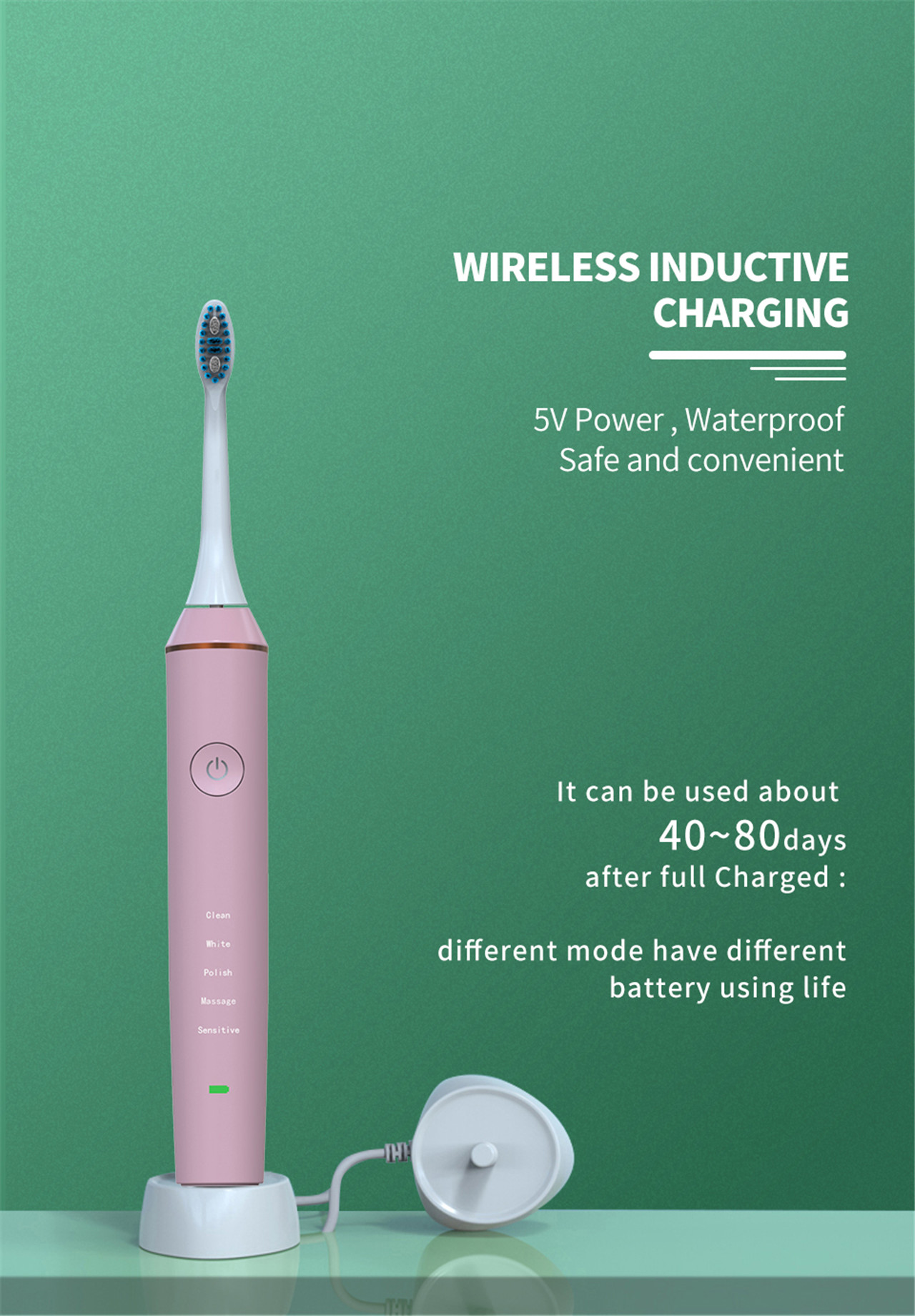 Перезаряжаемая умная ультразвуковая электронная звуковая электрическая зубная щетка (5)